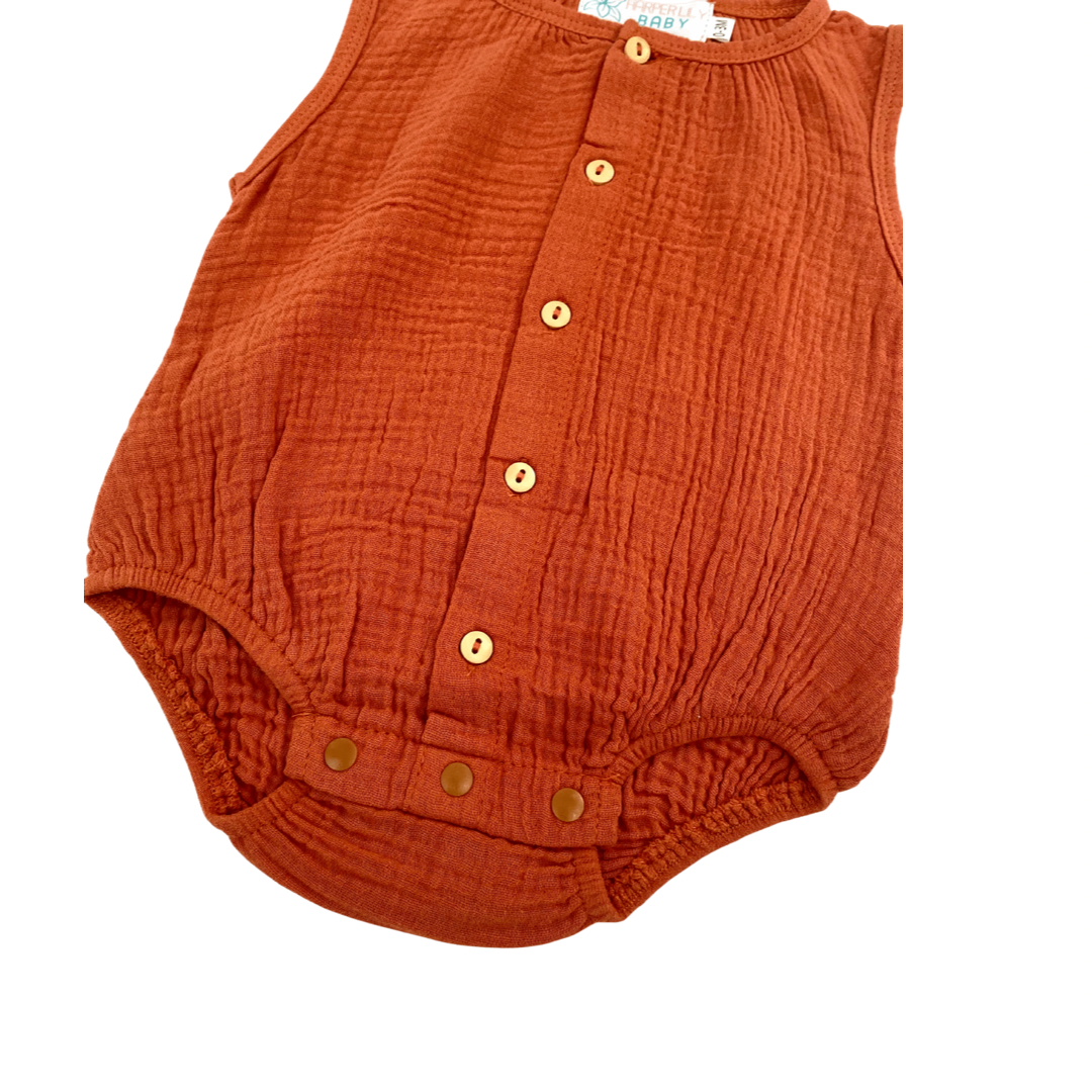 Sleeveless Muslin Romper - Rust