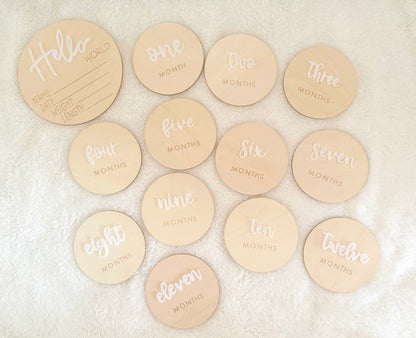 Raw Wood Monthly Milestone Discs - 13 Pieces